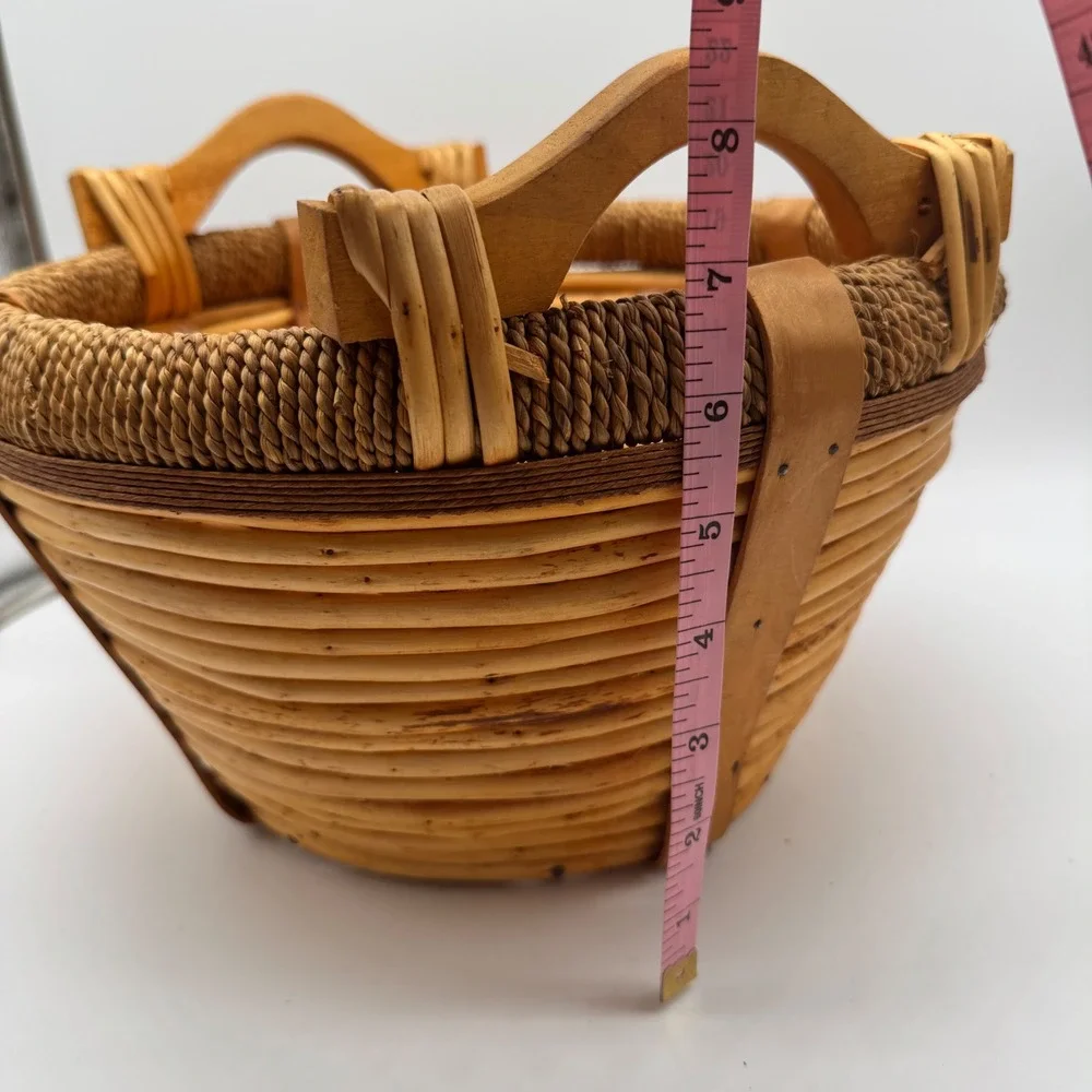 Vintage Woven Gathering Basket Wood Handles Split Reed Jute Rope Rim 11